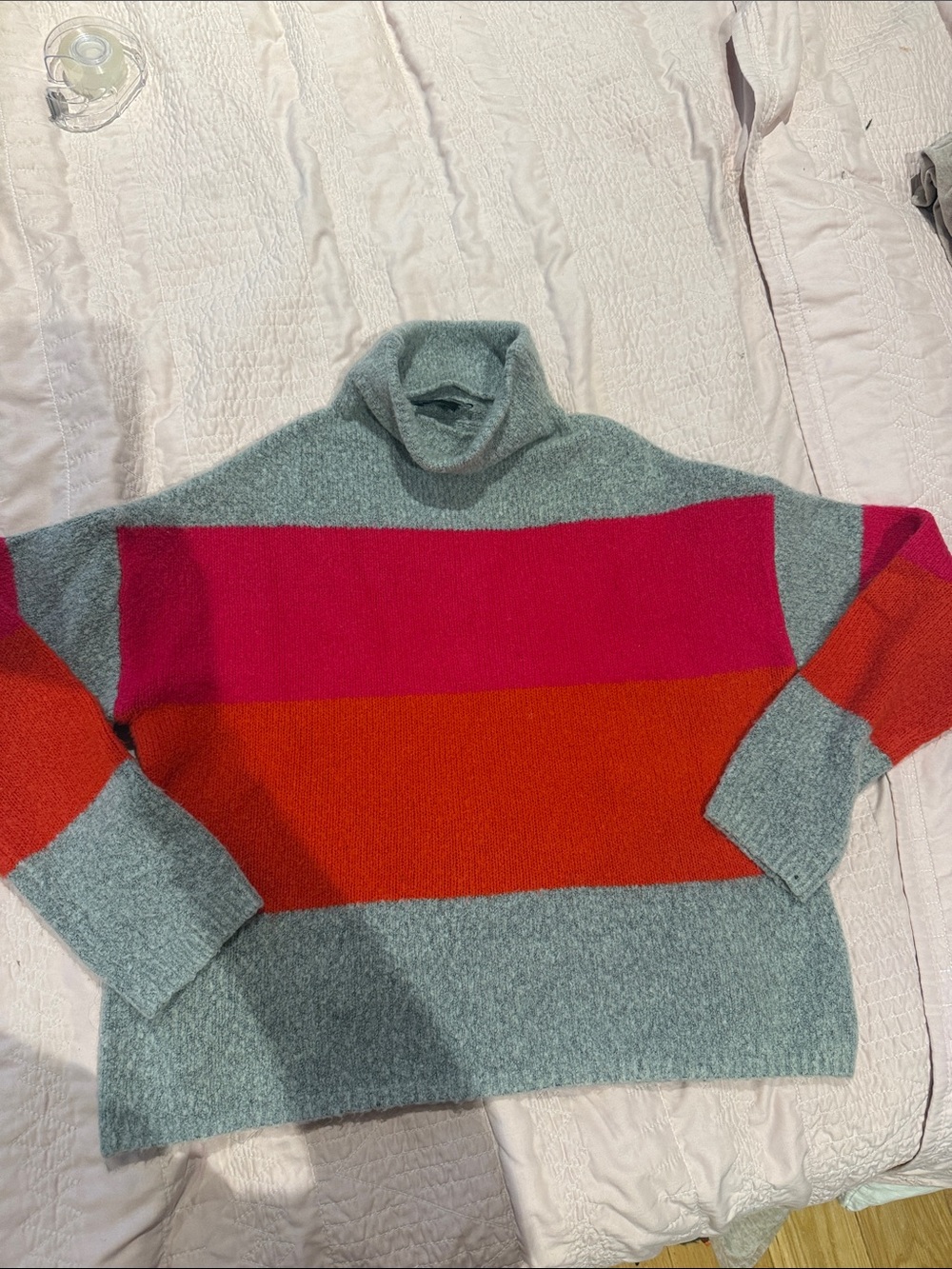 Cliché Striped Cowl-Neck Sweater in Ice Blue with Pink & Orange Bands